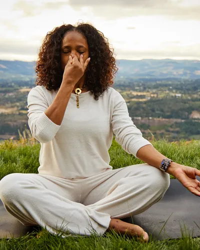 Ardie in alternate-nostril breathing, overlooking the Columbia River Gorge